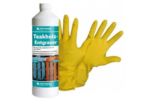 HOTREGA® Teakholz Entgrauer Teak Hartholz entgrauen pflegen 1L inkl Handschuhe Pflegeset