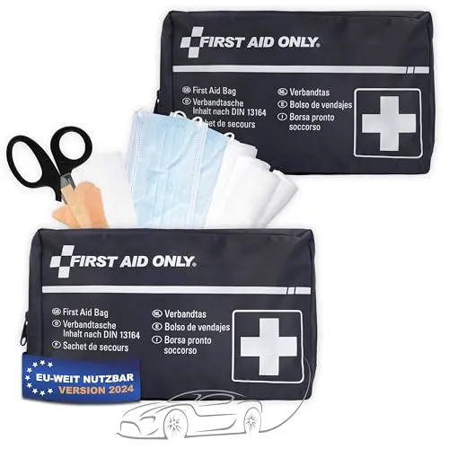 First Aid Only Kfz Verbandtasche DIN 13164 (2er-Set) | 2 x Auto Verbandskasten als Erste Hilfe Set für HU (StVO-konform) | Notfalltasche für Auto und Motorrad | P-10019