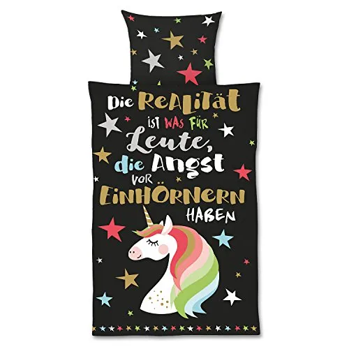 H:)PPY life Bettwäsche Motiv Einhorn | 135 cm x 200 cm | Kissen 80 cm x 80 cm | Baumwolle, Reißverschluss | Bettwäsche Garnitur | 45123