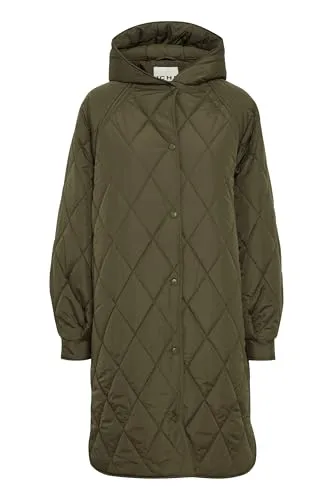 ICHI IHHansa Damen Steppmantel Wintermantel Winterjacke mit Druckknöpfen Kapuze Loose fit, Größe:L, Farbe:Forest Night (190414)