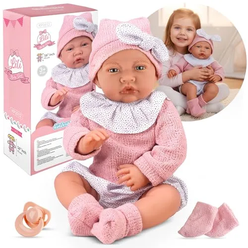 Kinderplay Babypuppe 41 cm Weichkörper – Interaktive sprechende Puppe mit Zubehör - Puppen – Realistische 41 cm Babypuppe mit Weichkörper, die durch Druck auf den Bauch Babygeräusche macht. Ideal für Rollenspiele und zur Förderung von Empathie und Fantasie bei Kindern ab 3 Jahren.