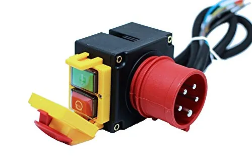 Schalter-Stecker Kombination 3-phasig 400V mit 80cm Kabel - Druckschalter mit Phasenwender und Magnet-Notausschalter, ideal für Motoren bis 4,8 KW; bietet extra Schutz durch Wiederanlauf- und Unterspannungsschutz, TÜV geprüft für höchste Sicherheit.