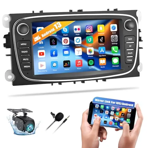 Android 13 GPS Autoradio für Ford Modelle - Digital Media-Receiver mit 7 Zoll Touchscreen, WiFi, GPS-Navigation und Mirrorlink für nahtlose Smartphone-Integration sowie Rückfahrkamera-Unterstützung für sicheres Einparken.