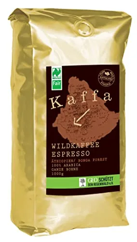Kaffa BIO Espresso, Bohne - Bio und Fairtrade-zertifizierter Wildkaffee, mittelkräftig geröstet mit einzigartigen Düften und Aromen – ideal für Kaffee-Liebhaber, die das Besondere suchen.