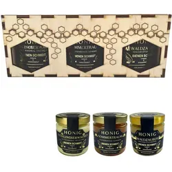 3er Holzgeschenkset mit 500g Honiggläsern in 3 Sorten inkl. Gravur 