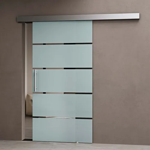 doporro Glasschiebetür komplettset 102,5 x 205cm Schiebetür mit ESG 25mm Wandabstand Zimmertür Glas 5-Milchglas-Streifen mit Stangentürgriff