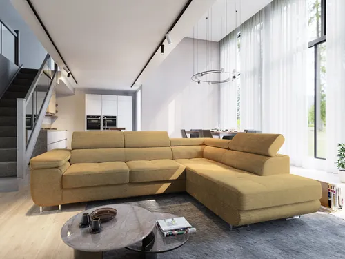 Masseno Ecksofa APIRO R-S mit Schlaffunktion und Bettkasten - Ecksofa mit Schlaffunktion, ideal für Gäste und bietet zusätzlichen Stauraum für Bettzeug. Stilvolles Design in Gelb, perfekt für jedes Wohnzimmer.