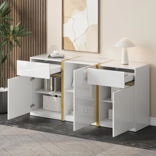 MODFU Hochglanz Sideboard mit Goldakzenten – Kommode für Wohnzimmer & Esszimmer, Weiß, 160 x 40 x 78 cm