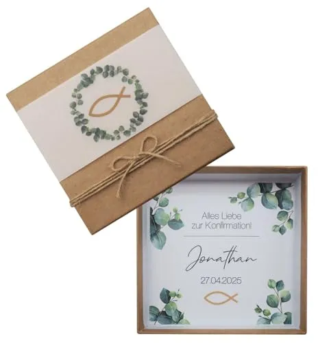 ZauberDeko Geldgeschenk Verpackung Personalisiertes Geschenk Box Kommunion Konfirmation Kraft Fisch Eukalyptus
