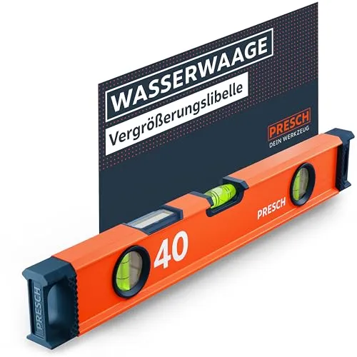 Presch Wasserwaage 40cm - Bruchfeste Weitwinkellibelle inkl. 2% Gefälle-Anzeige - Vertical-View-Funktion dank Sichtfenster - Innovative Anti-Rutsch‑Endkappen & präzisionsgefräste Messfläche