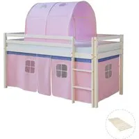 Homestyle4u Hochbett 90x200 mit Vorhang und Tunnel in Weiß - Stabiles Hochbett mit 90x200 cm Liegefläche, ideal für kreative Kinderzimmer. Der abnehmbare Stoffvorhang sorgt für Spielspaß und Privatsphäre. Inklusive Lattenrost und sicherer Absturzsicherung.