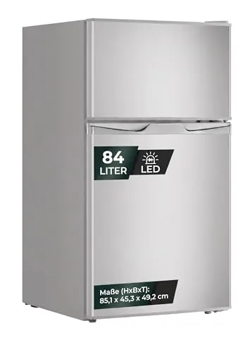 YUNA Kühl- / Gefrierkombination Serebro GK85 E-IX - Freistehender Kühlschrank mit 59 l Kühl- und 25 l Gefriervolumen, energieeffizient mit nur 166 kWh jährlich und leiser Betrieb bei 39 dB(A). Ideal für kleine Küchen.