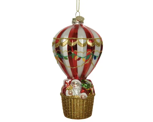 Kaemingk Christbaumschmuck, Christbaumschmuck Glas Weihnachtsmann im Heißluftballon 16cm rot