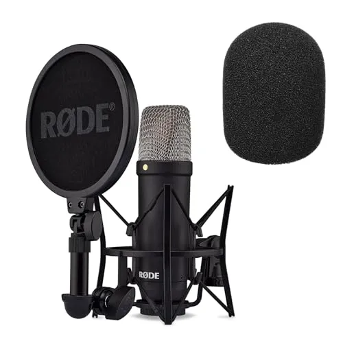 RØDE NT1 Signature Black Mikrofon mit Popschutz - Großmembran-Kondensatormikrofon für Studio- und Home-Recording, extrem niedriges Eigenrauschen und inkl. Deluxe-Spinne mit integriertem Popschutz für professionelle Aufnahmen.