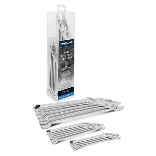 Matador Ring-Maulschlüssel-Satz 16-teilig - 16-teiliges Ring-Maulschlüssel-Set, abgewinkelt mit metrischen Größen. Ideal für enge Platzverhältnisse und Sechskantverschraubungen, aus langlebiger Industriequalität.