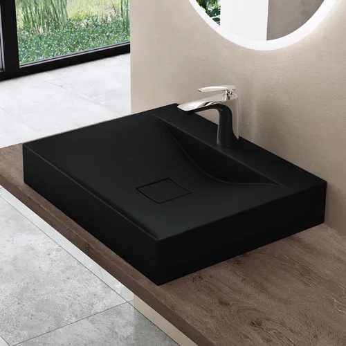 doporro Waschbecken Aufsatzwaschbecken Hängewaschbecken BTH: 60x48x10cm Matt schwarz Mineralguss Waschtisch Waschplatz Colossum810