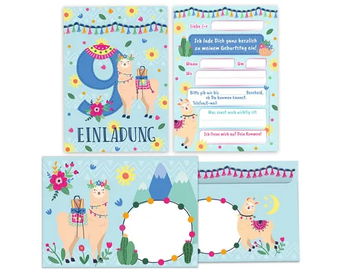JUNAPACK Einladungskarten Lama zum 9. Kindergeburtstag Einladungen mit Umschlägen Karten Alpaka, Einladungskarten mit Umschlägen zum neunten Geburtstag Lama Tiere