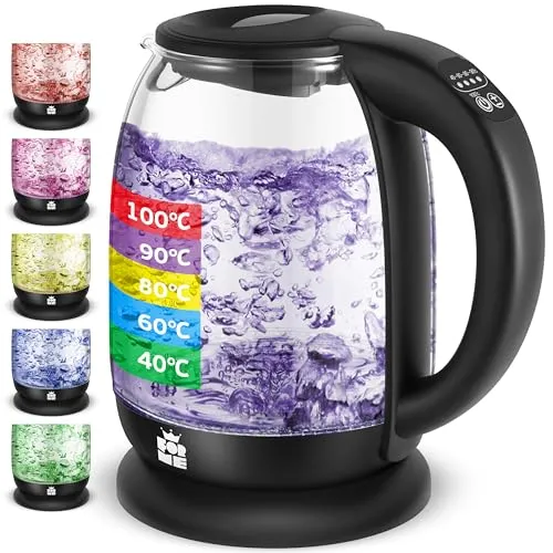 ForMe Glas Elektrischer Wasserkocher mit Teesieb 1,8L, Temperatureinstellung, Temperaturwahl 40°C bis 100°C, 7 Farben LED-Beleuchtung, Warmhaltefunktion, BPA Frei