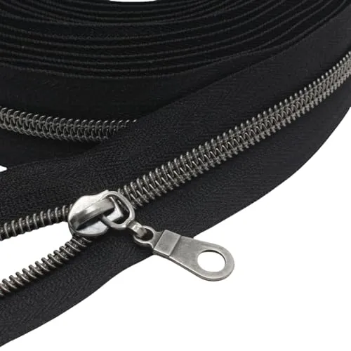 MebuZip 9 m Altsilber endlos Reißverschluss Meterware Reißverschluss Nylon 6mm-Spirale + 25 Nonlock-Zipper für Taschen Deko DIY Basteln Nähen (Altsilber Schwarze)