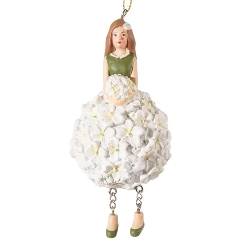 Blumenmädchen-Figur Hortensie Weiß mit Baumelbeinchen, 12 cm Höhe, handbemalt, Kunstharz, dekorative Dekofigur mit Hortensien-Motiv