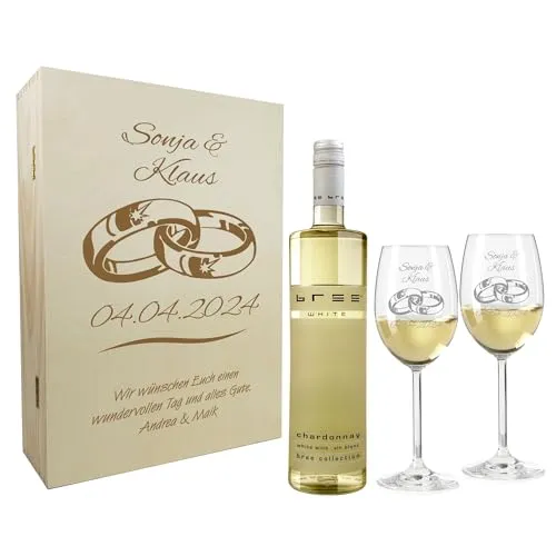 laser-diele Geschenk zur Hochzeit – Wein Geschenksets – Weinglas mit Gravur – Geschenke für Paare – Weißwein – Ringe