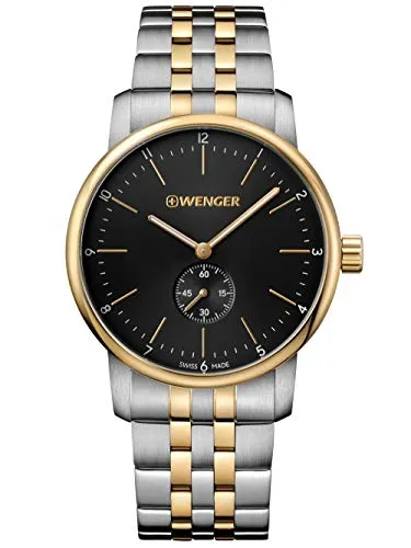 Wenger Unisex Erwachsene Armbanduhr Analog Quarz Edelstahl 01.1741.104 - Elegante Armbanduhr für Herren, aus hochwertigem Edelstahl, wasserdicht bis 10 bar und mit stilvollem schwarz-goldenem Zifferblatt - ideal für jeden Anlass.
