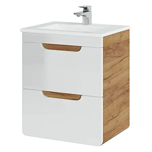 Lomadox Waschtisch LUTON-56, Weiß mit Wotan Eiche - Moderne Waschtischlösung mit grifflos design und Soft-Close-Funktion. Ideal für stilvolle Bäder, inklusive hochwertiger Keramik und einfacher Montage.