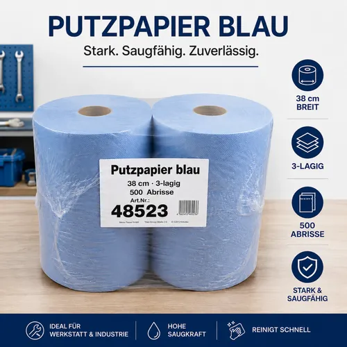 Katrin K-Rolle blau 3-lagig - 500 Blatt für effiziente Reinigung - Industrie-Putzpapier, extrem saugfähig und ideal für den professionellen Einsatz in Werkstätten und Betrieben.