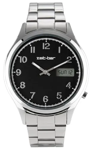 Zeit-Bar Funk-Armbanduhr Herren - Hochwertige Herren-Armbanduhr mit präzisem Funk-Uhrwerk, Datums- und Wochentaganzeige, wasserdicht bis 5 bar und im eleganten Metallgehäuse.
