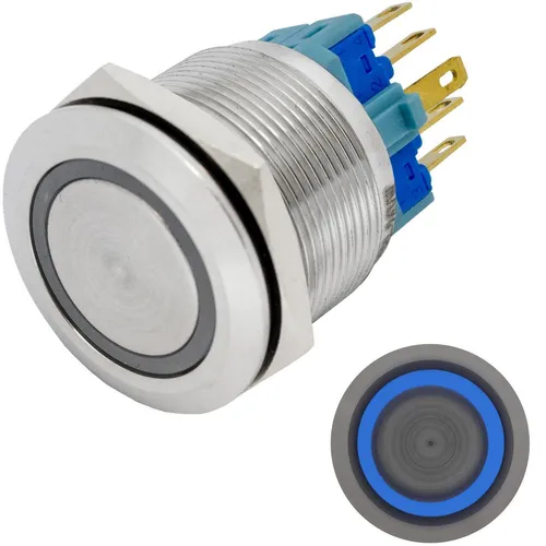 Edelstahl Druckschalter Flach Ø25mm Ring LED Blau IP65 2,8x0,5mm Pins 250V 3A Va