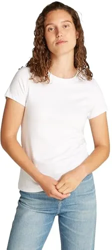 Calvin Klein Damen T-Shirt Kurzarm Logo Neckline Slim Fit, Weiß (Brilliant White), M - T-Shirt für Damen mit schmaler Passform und Calvin Klein Stickerei am Ausschnitt – ideal für einen modernen Look.