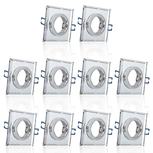 10x Glas Einbaustrahler mit LED Ring – eckig und rostfrei - Deckenspots mit hochwertigem Glas- und Metallrahmen, langlebig und stilvoll. Einfache Installation für Leuchtmittel mit Ø 50 mm. Perfekt für modernes Wohndesign.