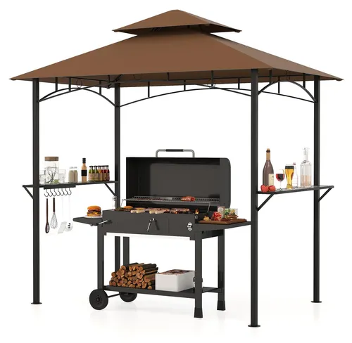 COSTWAY Grillpavillon wetterfest mit Doppeldach und Seitenablagen, 240x151x255 cm Braun - Ideal für Grillfeste: Unser wetterfester Grillpavillon bietet großzügigen Schutz und Schatten. Mit stabiler Konstruktion, 2 Ablagen und 7 Haken für Ihre Grillutensilien. Perfekt für Garten und Terrasse!