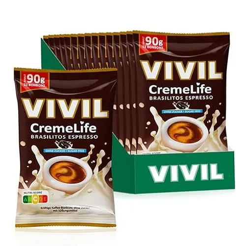 VIVIL Creme Life Brasilitos Espresso Sahnebonbons ohne Zucker - Zuckerfreie Sahnebonbons mit intensivem Espresso-Aroma, ideal für Kaffeeliebhaber. Praktische 15 Beutel à 90g für unterwegs oder zu Hause - immer ein Genuss ohne Zucker!