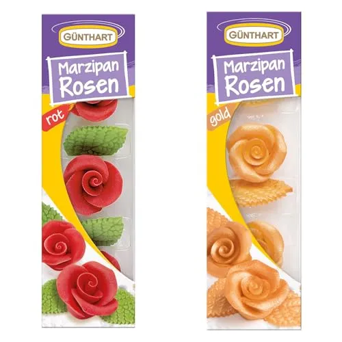 Günthart BackDecor 6 Marzipan Rosen SET in Gold und Rot mit Blättern aus Marzipan, jeweils 3 Rosen und Blätter, 2er Pack (1 x 66 gr)