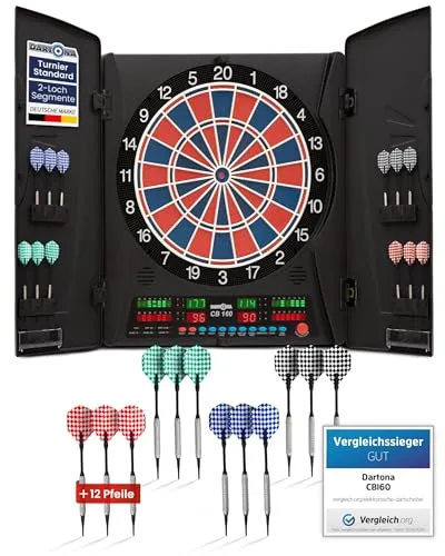 Elektronische Dartscheibe Dartona CB160 - Offizielle Turniergröße mit 33 Spielen und 160 Varianten, ideal für 1-16 Spieler und inklusive dekorativem Wandschrank