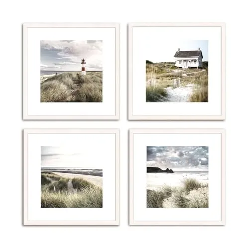 artissimo, Design-Edition, Poster Set inkl. Rahmen, Bilder Set gerahmt, 4x 30x30cm, PE6460-ER, Strand, Bild, Design-Poster mit Rahmen, skandinavisches Design, Strand und Meer