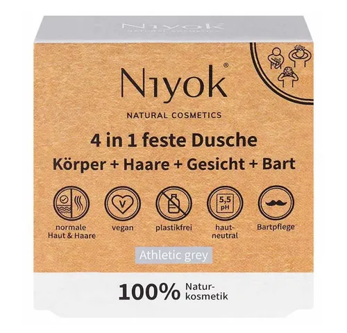 Niyok Feste Duschseife 4in1 feste Dusche Körper+Haare+Gesicht+B - Athletic grey 80g