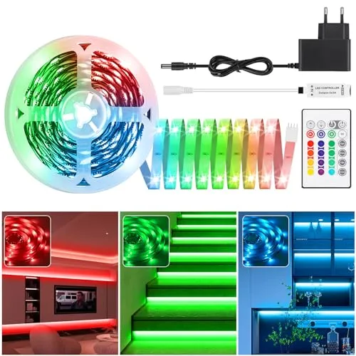 LED Streifen 10M, Dimmbares 5050 RGB Farbwechsel LED Strip Lights mit IR Fernbedienung & Netzteil, Flexibilität Selbstklebendes 12V Lichtstreifen Set für Zuhause, Wohnzimmer, Schlafzimmer, Küche, DIY