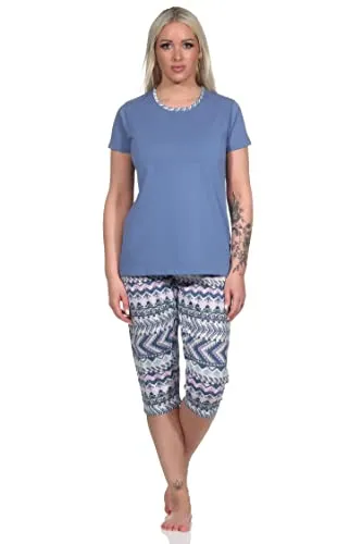 Normann Damen Kurzarm Schlafanzug Pyjama mit Caprihose im Ethnolook, Farbe:blau, Größe:40-42