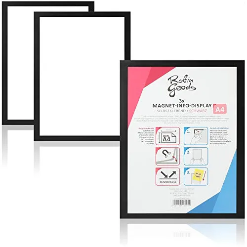 Robin Goods® 3x - DIN A4 Info-Rahmen - Dokument-Halter - selbstklebend mit Magnetverschluss (3x - schwarz)