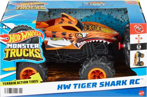 Hot Wheels Monster Trucks RC 1:24 Tiger Shark - RC-Modelle: Erlebe mit dem ferngesteuerten Tigerhai aufregende Monster Trucks-Action und überwindbare Hindernisse dank Allradantrieb und Action-Geländereifen!