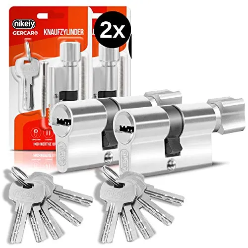 GERCAR Knaufzylinder Gleichschließend 2 Stück - 90mm Sicherheitsschloss mit 10 Schlüsseln - Schließzylinder für Innen- und Außenbereich, einfach zu montieren und mit integrierter Not- und Sicherheitsfunktion. Ideal für Holz-, Metall- und PVC-Türen.