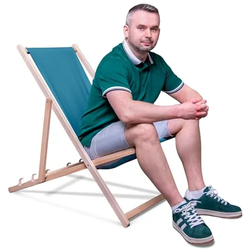 DreamRoots Klappbarer Liegestuhl aus Buchenholz - Robuste Liege bis 130 kg belastbar mit 3-fach verstellbarer Rückenlehne, ideal für Strand, Balkon oder Garten. Pflegeleichte, waschbare Bespannung aus UV-resistentem Polyester.