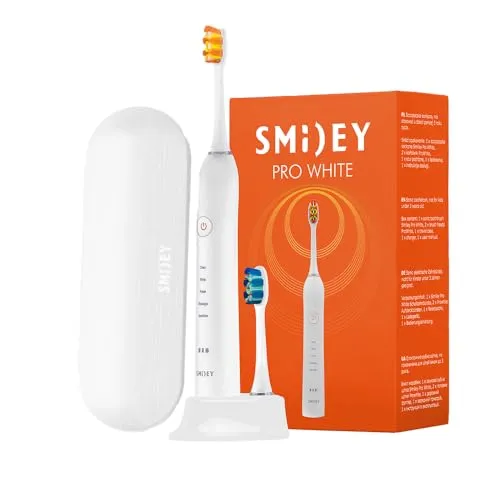 SMILEY Pro White Schallzahnbürste | Ultraschall Elektrische Zahnbürsten & Zubehör | Schallzahnbürsten Toothbrush Elektrische Reisezahnbürste | Set mit Etui Ladegerät & 2 Tipps