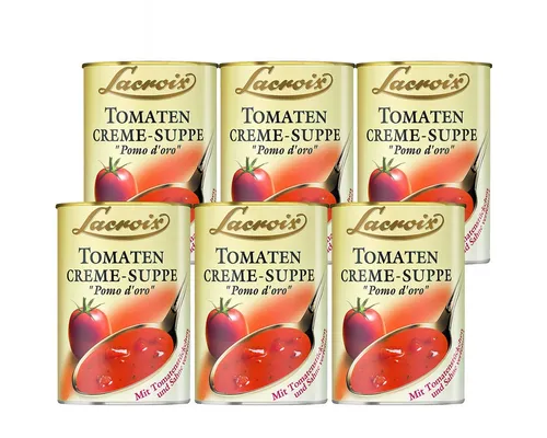 Lacroix Tomaten Cremesuppe fruchtig tomatig 400ml - 6er Pack - Suppenkonserven & Eintopfkonserven, köstlich und ohne geschmacksverstärkende Zusatzstoffe, ideal als feine Vorspeise oder Snack.