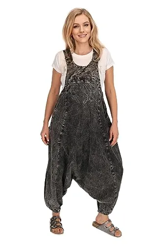 Kunst und Magie Damen Latzhose Hippie Haremshose Goa Hose Boho 70er Jumpsuit Overall Stonewashed Catsuit, Größe:M, Farbe:Grau/Schwarz