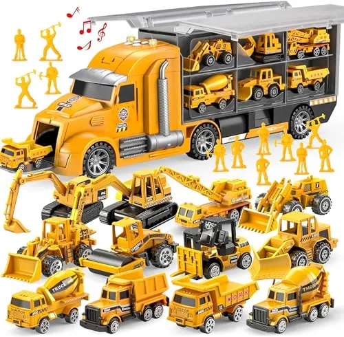 JOYIN 25-in-1-Spielzeugset aus Druckguss-Baufahrzeugen (einschließlich Transporter, Bagger, Kipper, Traktor) mit Geräuschen und Lichtern im Transporter, Kindergsgeschenke für Jungen ab 3 Jahren