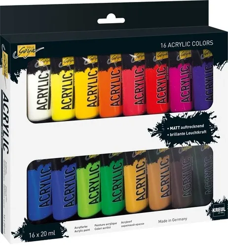 KREUL Solo goya Acrylfarben-Set, 16 Farben, 20 ml in der Tube - Vielfältiges Acrylfarben-Set mit 16 Farben, ideal für kreative Projekte. Die Farben sind wasserverdünnbar und bieten zahlreiche Gestaltungsmöglichkeiten für Hobby und Profis.