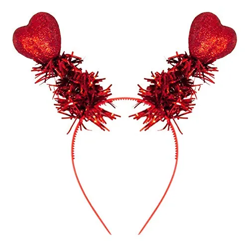 Oblique Unique® Herz Haarreifen mit 2 Herzen mit Glitzereffekt und Lametta Haarreif Kostüm Accessoire für JGA Fasching Karneval Motto Party - Rot